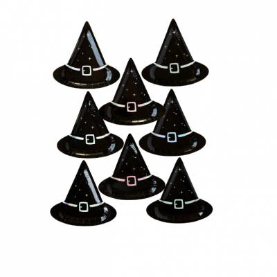 Sete chapéus de bruxa pretos brilhantes com estrelas e fivelas coloridas