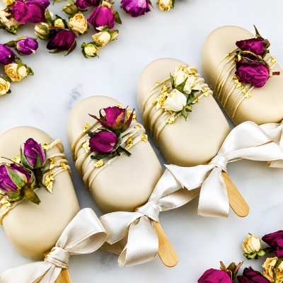 Cinco gelados decorados com pétalas douradas e rosas secas sobre fundo de mármore