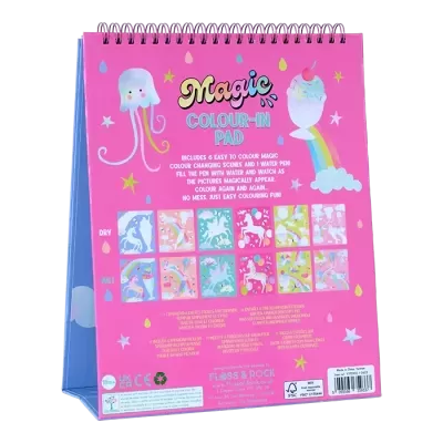Bloco de colorir Magic Colour-In Pad com ilustrações coloridas e texto em inglês na parte traseira.