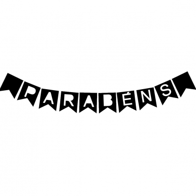 Bandeirola decorativa preta com a palavra PARABÉNS em letras brancas.