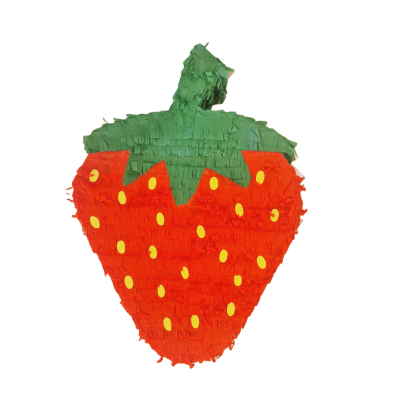Piñata em forma de morango vermelho com folhas verdes e pequenos pontos amarelos.