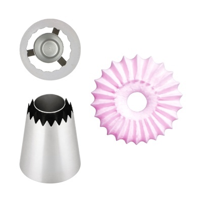 Bicos metálicos para decoração de bolos e exemplo de decoração em rosa