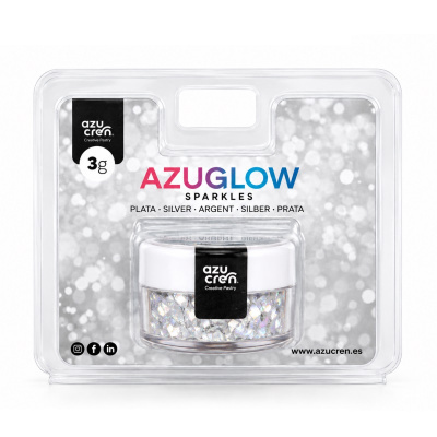 Frasco transparente com purpurina prateada holográfica AZUGLOW SPARKLES 3g