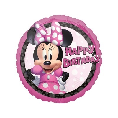 Balão alumínio redondo Minnie Mouse rosa com 'HAPPY BIRTHDAY'