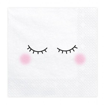 Guardanapo branco com desenho de olhos fechados e bochechas cor-de-rosa.