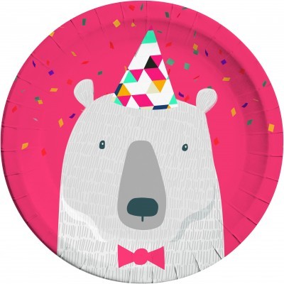 Prato descartável rosa com urso de chapéu festivo e confetes coloridos