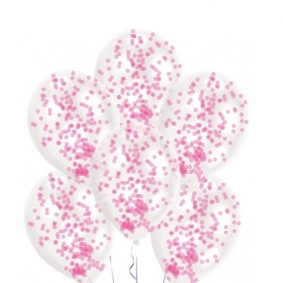 Seis balões transparentes com confetes cor-de-rosa no interior