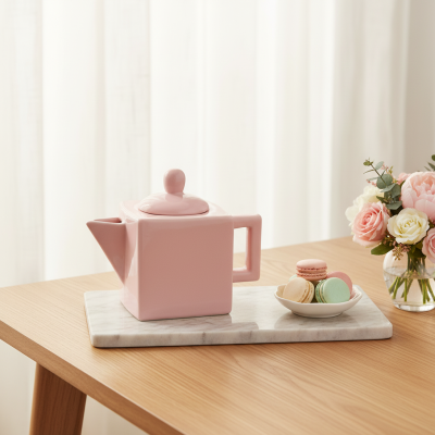 Bule de cerâmica cor-de-rosa quadrado com macarons e flores sobre mesa de madeira.