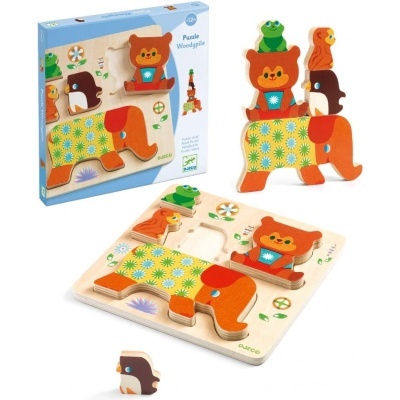 Puzzle madeira animais coloridos com elefante, urso, cão, rã e pinguim