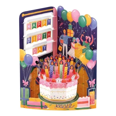 Cartão tridimensional de aniversário com bolo, velas, balões, presentes e pessoas a celebrar