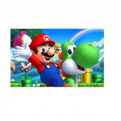 Mario em fato vermelho e azul montado em Yoshi verde num cenário colorido de jogo com plantas e um arco-íris.