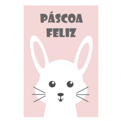 Cartão rosa com desenho de coelho branco e texto PÁSCOA FELIZ