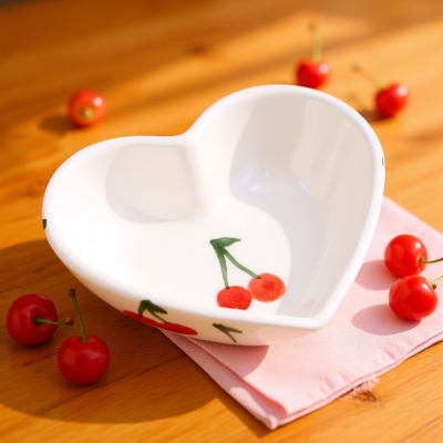 Tigela de cerâmica branca em forma de coração com desenho de cerejas vermelhas sobre guardanapo rosa e madeira