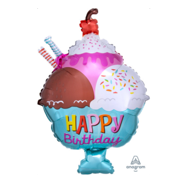 Balão metalizado em forma de taça de gelado com texto HAPPY Birthday