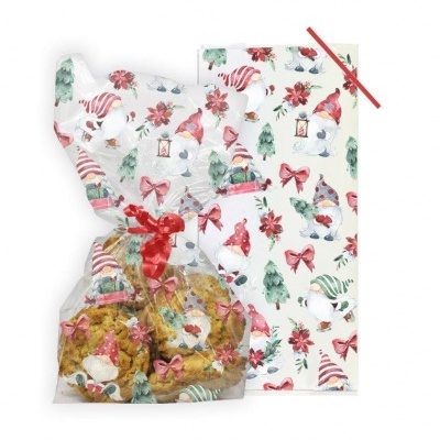 Embalagem plástica transparente com padrão de gnomos de Natal e biscoitos dentro