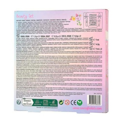 Embalagem rosa Beauty Set com texto informativo, símbolos e código de barras