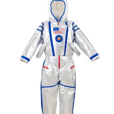 Macacão espacial prateado para criança com detalhes em azul e vermelho