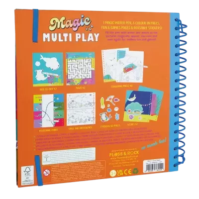 Caixa de actividades Magic Multi Play com caneta de água, folhas para colorir, jogos e autocolantes, fundo laranja.