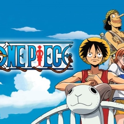 Personagens do anime One Piece com título e céu azul ao fundo