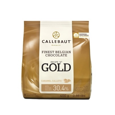 Pacote de chocolate belga Callebaut Gold 400g com texto sobre sustentabilidade.
