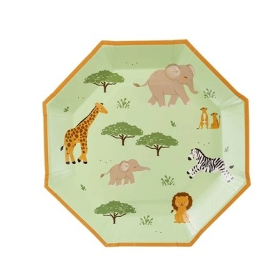 Prato de papel octogonal com desenhos de animais da savana