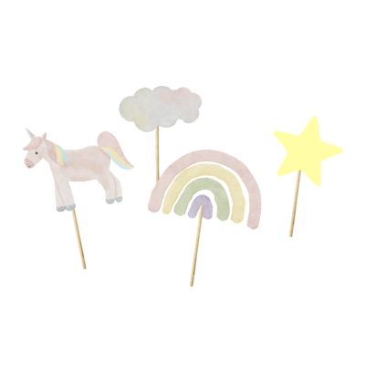 Set de toppers para bolos em forma de unicórnio, nuvem, arco-íris e estrela em tons pastéis