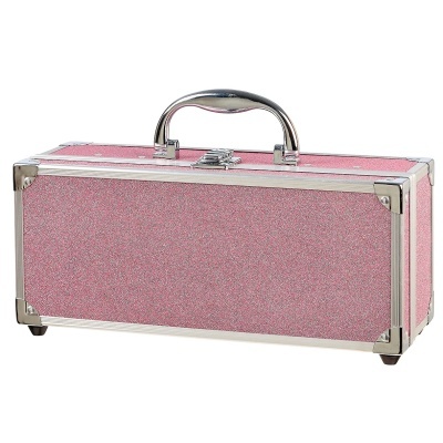 Mala retangular rosa com cantos e bordas metálicas prateadas