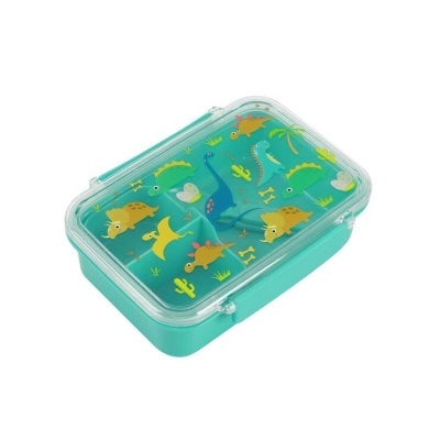 Caixa de almoço verde com tampa transparente e estampas de dinossauros coloridos