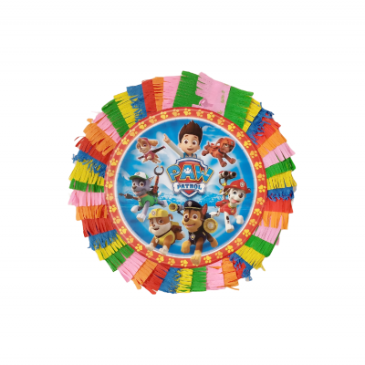 Pinata redonda colorida com personagens da série PAW PATROL no centro.