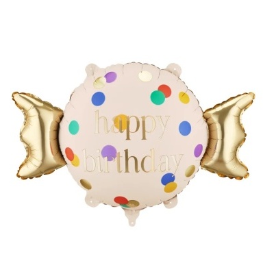 Balão metálico para festa com frase happy birthday e confetis coloridos