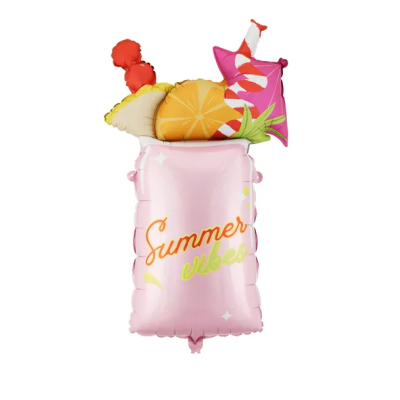 Balão metálico rosa em forma de copo com frutas e canudo, texto Summer vibes