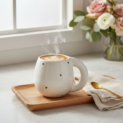 Caneca branca com corações pretos cheia de café com arte em espuma numa bandeja de madeira com colher dourada e flores ao fundo