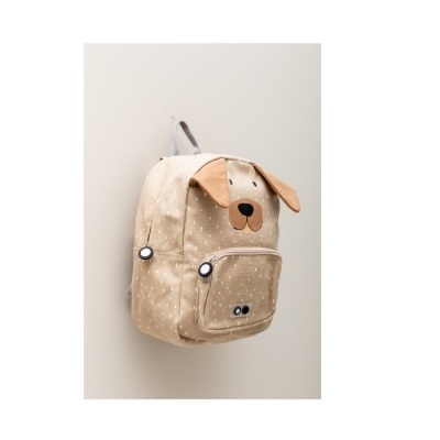 Mochila infantil bege com orelhas e nariz de cão em tecido