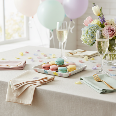 Mesa decorada com macarons, vinho espumante, guardanapos e flores