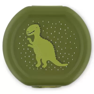 Estojo verde com ilustração de dinossauro verde claro e pintas brancas