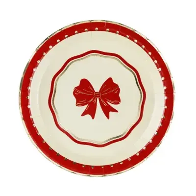Prato de papel branco com laço vermelho e borda vermelha e dourada