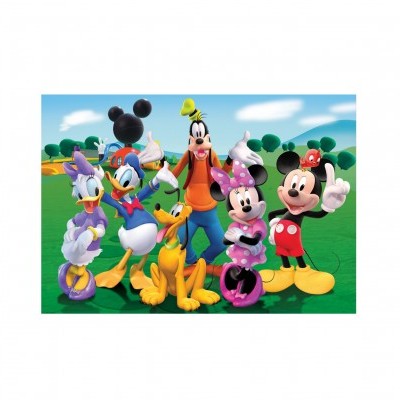 Personagens Disney Daisy, Donald, Pluto, Pateta, Minnie e Mickey num campo verde