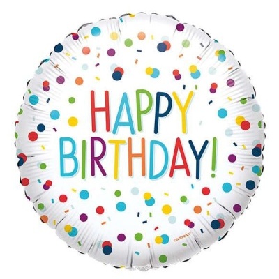 Balão redondo branco com pontos coloridos e texto 'HAPPY BIRTHDAY!'