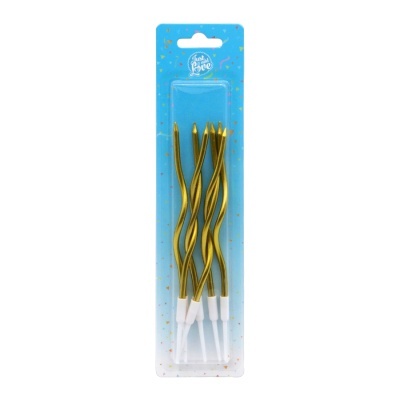 Cinco velas douradas retorcidas em embalagem azul com texto branco