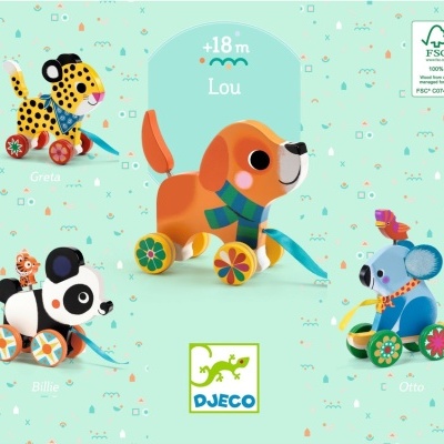 Brinquedos de puxar de madeira Djeco em forma de animais coloridos com rodas e padrões florais