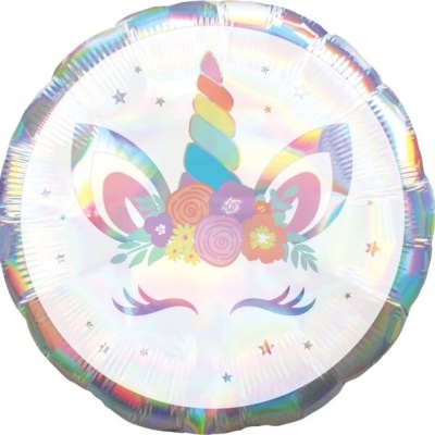 Balão redondo metálico holográfico com unicórnio colorido e flores
