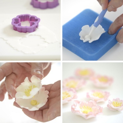 Passo a passo de criação de flores artificiais com cortador roxo, esponja azul e modelagem manual