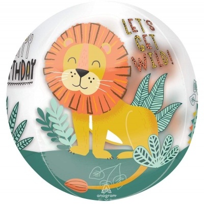 Balão transparente com estampa de leão e texto LET'S GET WILD!