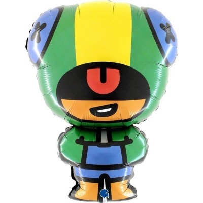 Balão de personagem cartoon com capacete amarelo e verde e fato azul
