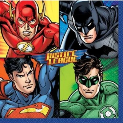 Imagem com personagens da Justice League: Flash, Batman, Superman e Green Lantern com o logotipo no centro