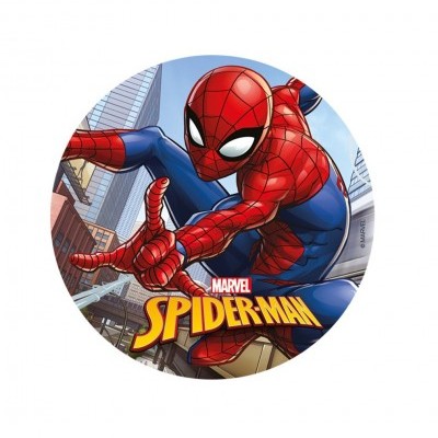 Imagem circular do Spider-Man em pose de ação com texto MARVEL SPIDER-MAN