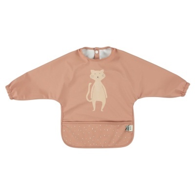 Babete infantil rosa com estampa de gato e bolso frontal