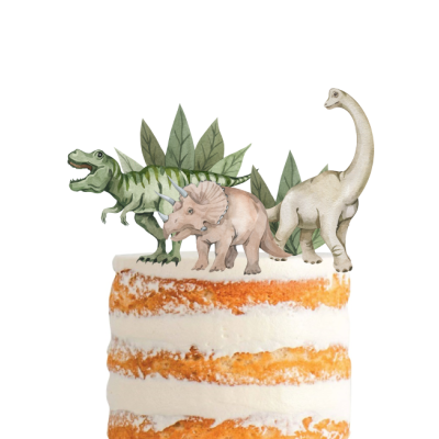 Bolo de camadas com figuras de dinossauros e folhas no topo