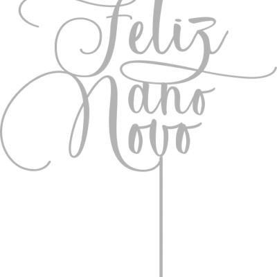 Topo de bolo prateado com texto Feliz Ano Novo