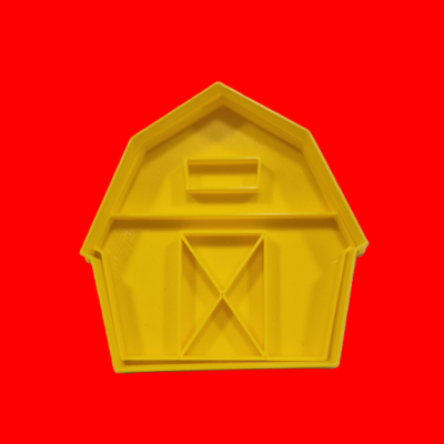 Molde amarelo em forma de celeiro sobre fundo vermelho